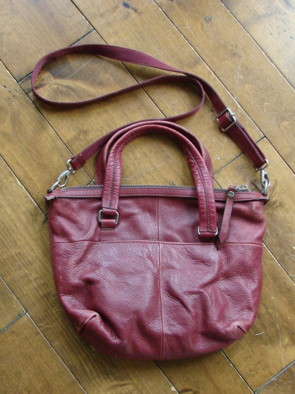 Fossil Dawson Burgundy Leather Satchel Bag Purse Crossbody Cow Hide Long Strap - Picture 11 of 16